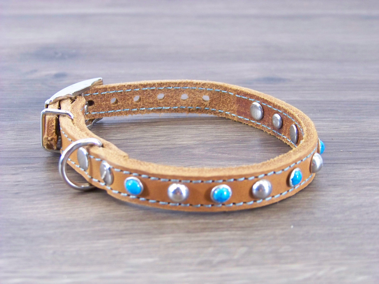 A) 1/2" Wide Miniature Leather Dog Collar - -The Sante Fe - Featuring Blue Turquoise and Stainless Dome Rivets