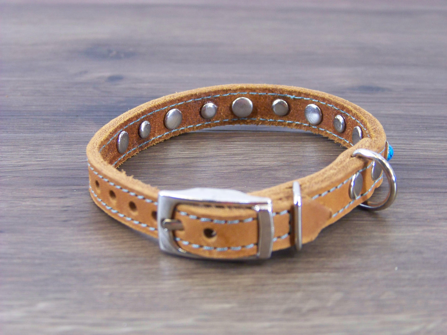 A) 1/2" Wide Miniature Leather Dog Collar - -The Sante Fe - Featuring Blue Turquoise and Stainless Dome Rivets