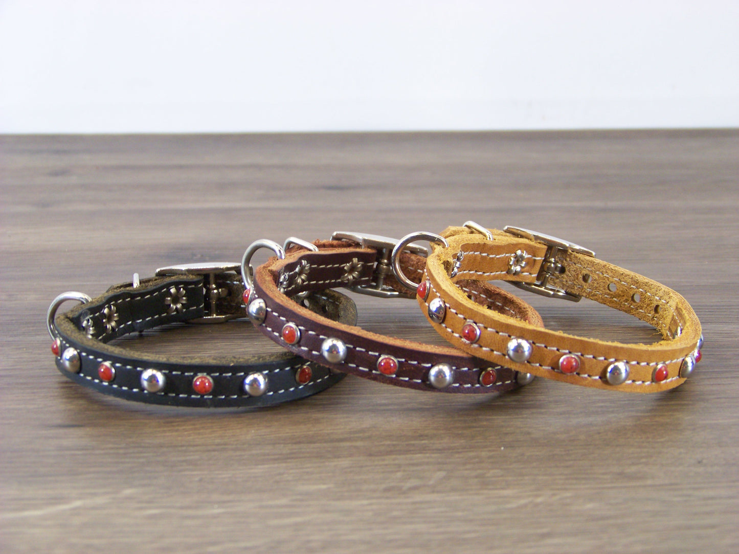 A) 1/2" Wide Miniature Leather Dog Collar - The Sante Fe - Featuring Red Turquoise Conchos and Stainless Dome Rivets