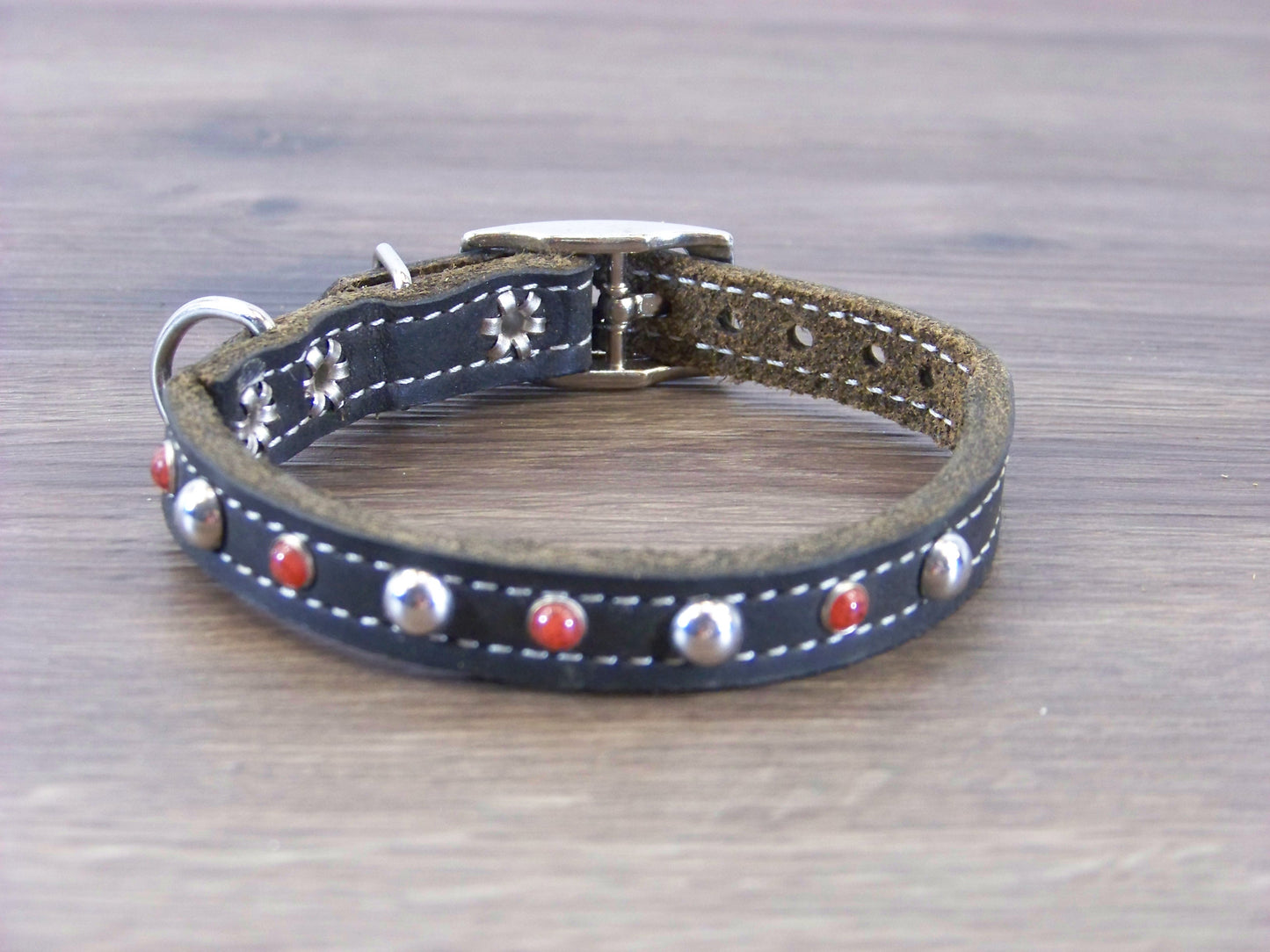 A) 1/2" Wide Miniature Leather Dog Collar - The Sante Fe - Featuring Red Turquoise Conchos and Stainless Dome Rivets