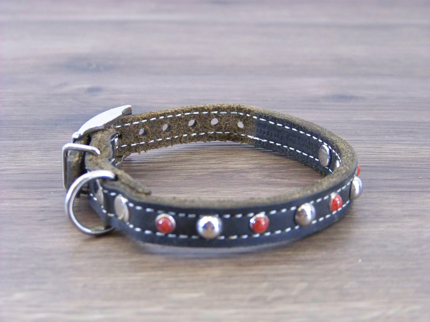 A) 1/2" Wide Miniature Leather Dog Collar - The Sante Fe - Featuring Red Turquoise Conchos and Stainless Dome Rivets