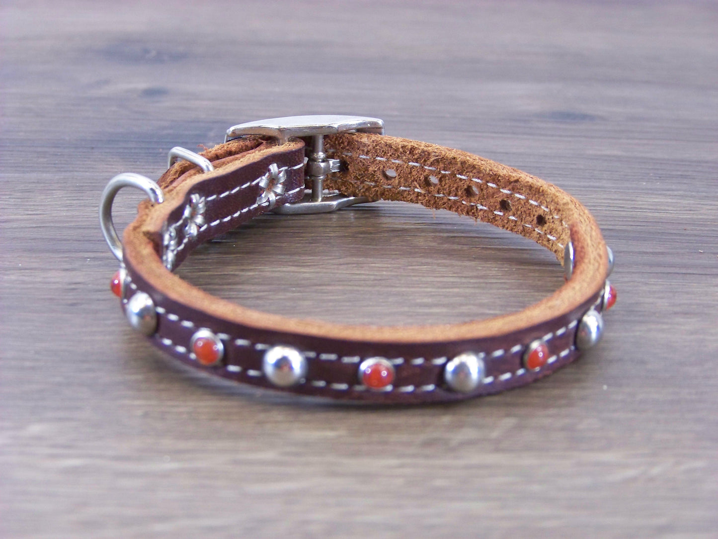 A) 1/2" Wide Miniature Leather Dog Collar - The Sante Fe - Featuring Red Turquoise Conchos and Stainless Dome Rivets