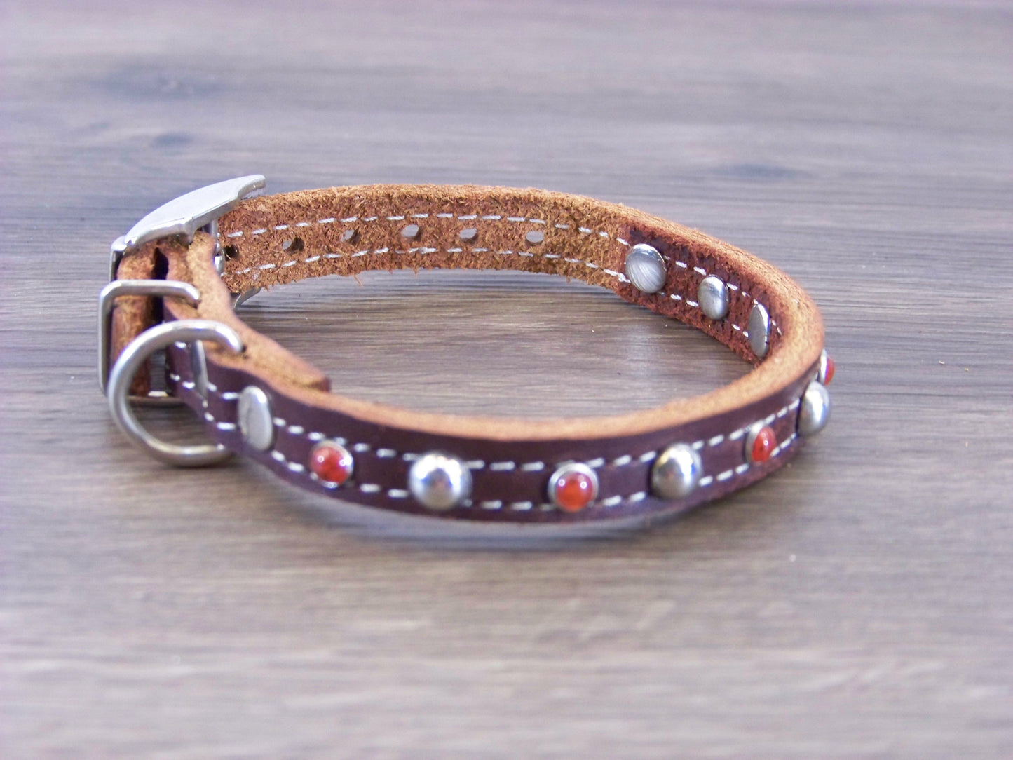 A) 1/2" Wide Miniature Leather Dog Collar - The Sante Fe - Featuring Red Turquoise Conchos and Stainless Dome Rivets