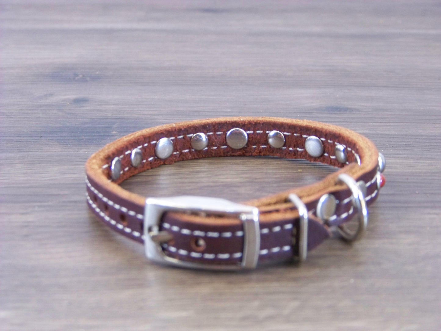 A) 1/2" Wide Miniature Leather Dog Collar - The Sante Fe - Featuring Red Turquoise Conchos and Stainless Dome Rivets
