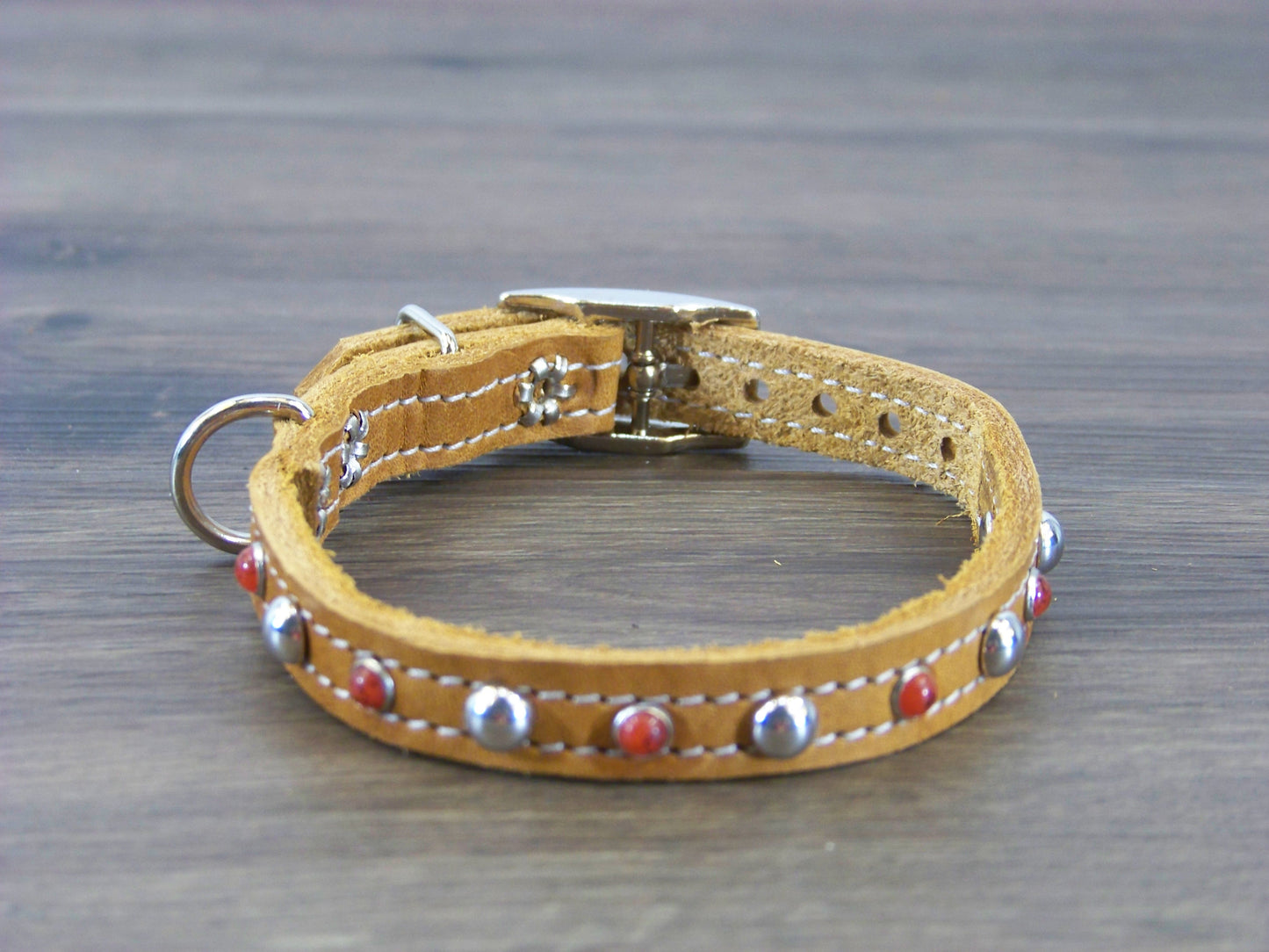 A) 1/2" Wide Miniature Leather Dog Collar - The Sante Fe - Featuring Red Turquoise Conchos and Stainless Dome Rivets