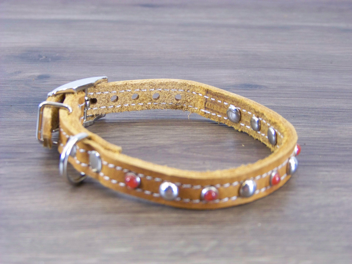 A) 1/2" Wide Miniature Leather Dog Collar - The Sante Fe - Featuring Red Turquoise Conchos and Stainless Dome Rivets
