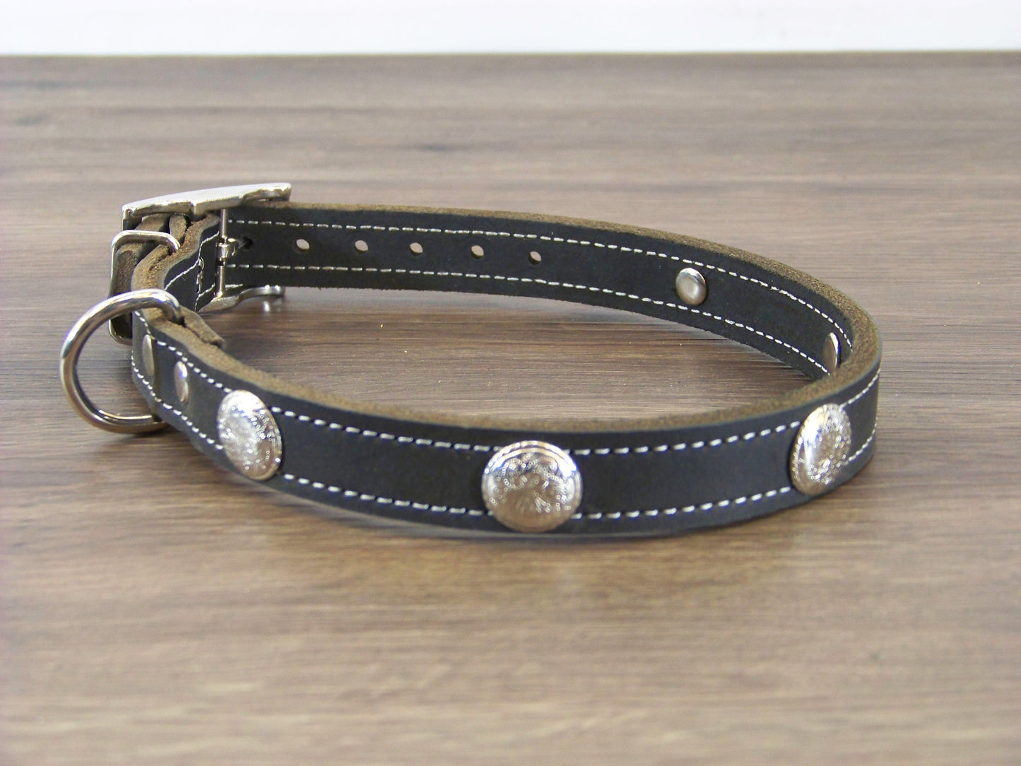 B) 3/4" Wide Leather Dog Collar - The Rancher - Featuring a Bright Nickle Western Concho
