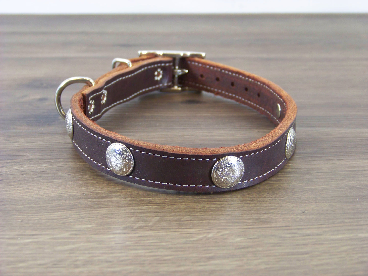B) 3/4" Wide Leather Dog Collar - The Rancher - Featuring a Bright Nickle Western Concho