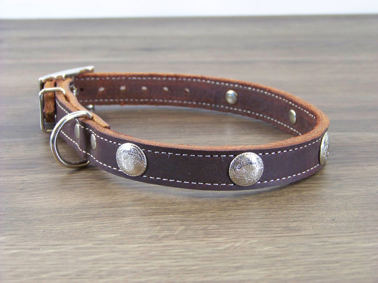 B) 3/4" Wide Leather Dog Collar - The Rancher - Featuring a Bright Nickle Western Concho