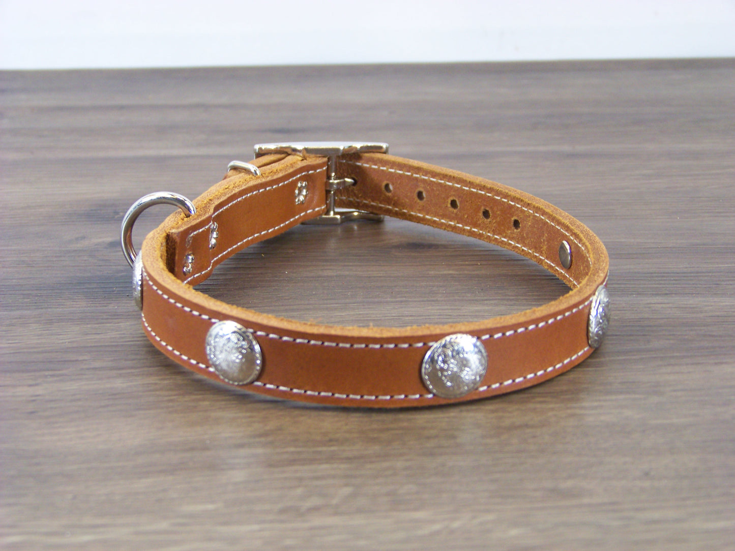 B) 3/4" Wide Leather Dog Collar - The Rancher - Featuring a Bright Nickle Western Concho