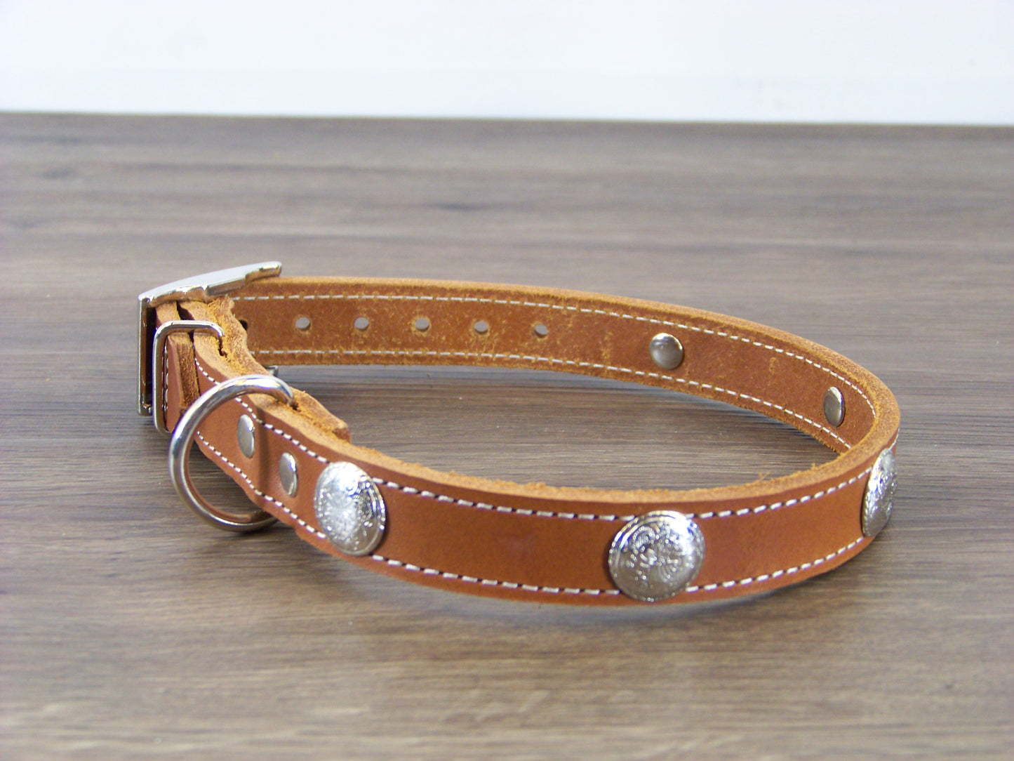 B) 3/4" Wide Leather Dog Collar - The Rancher - Featuring a Bright Nickle Western Concho