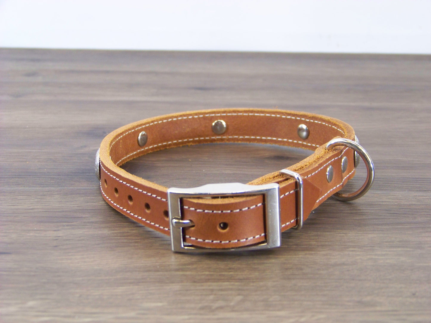 B) 3/4" Wide Leather Dog Collar - The Rancher - Featuring a Bright Nickle Western Concho