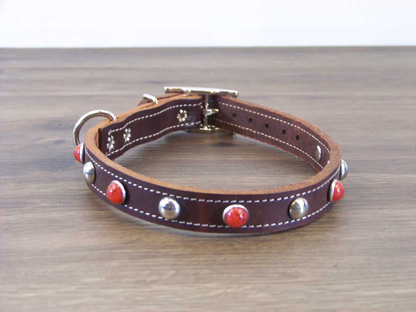 B) 3/4" Wide Leather Dog Collar - The Sante Fe II - Red Turquoise Conchos W/ Stainless Dome Rivets