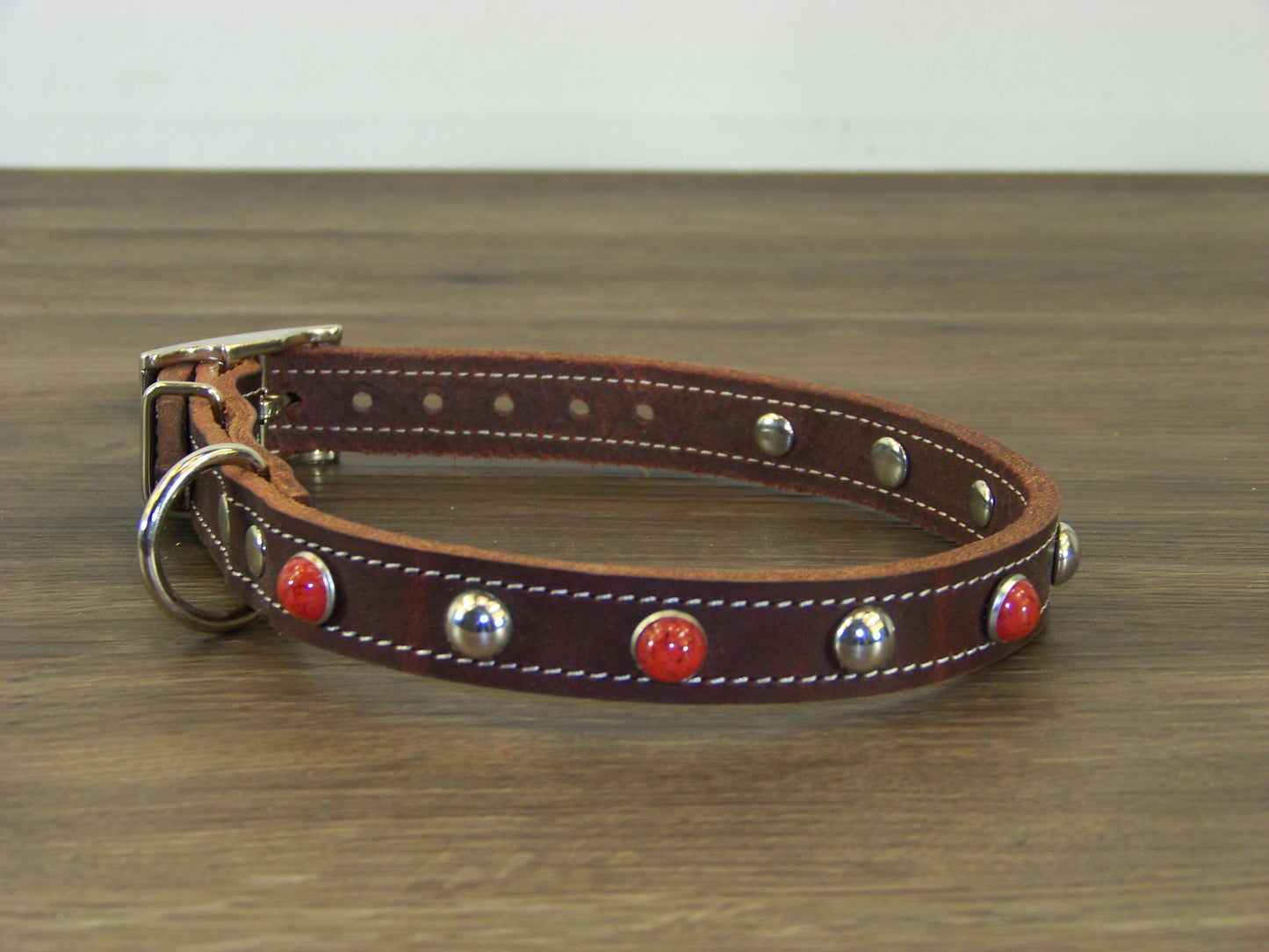 B) 3/4" Wide Leather Dog Collar - The Sante Fe II - Red Turquoise Conchos W/ Stainless Dome Rivets