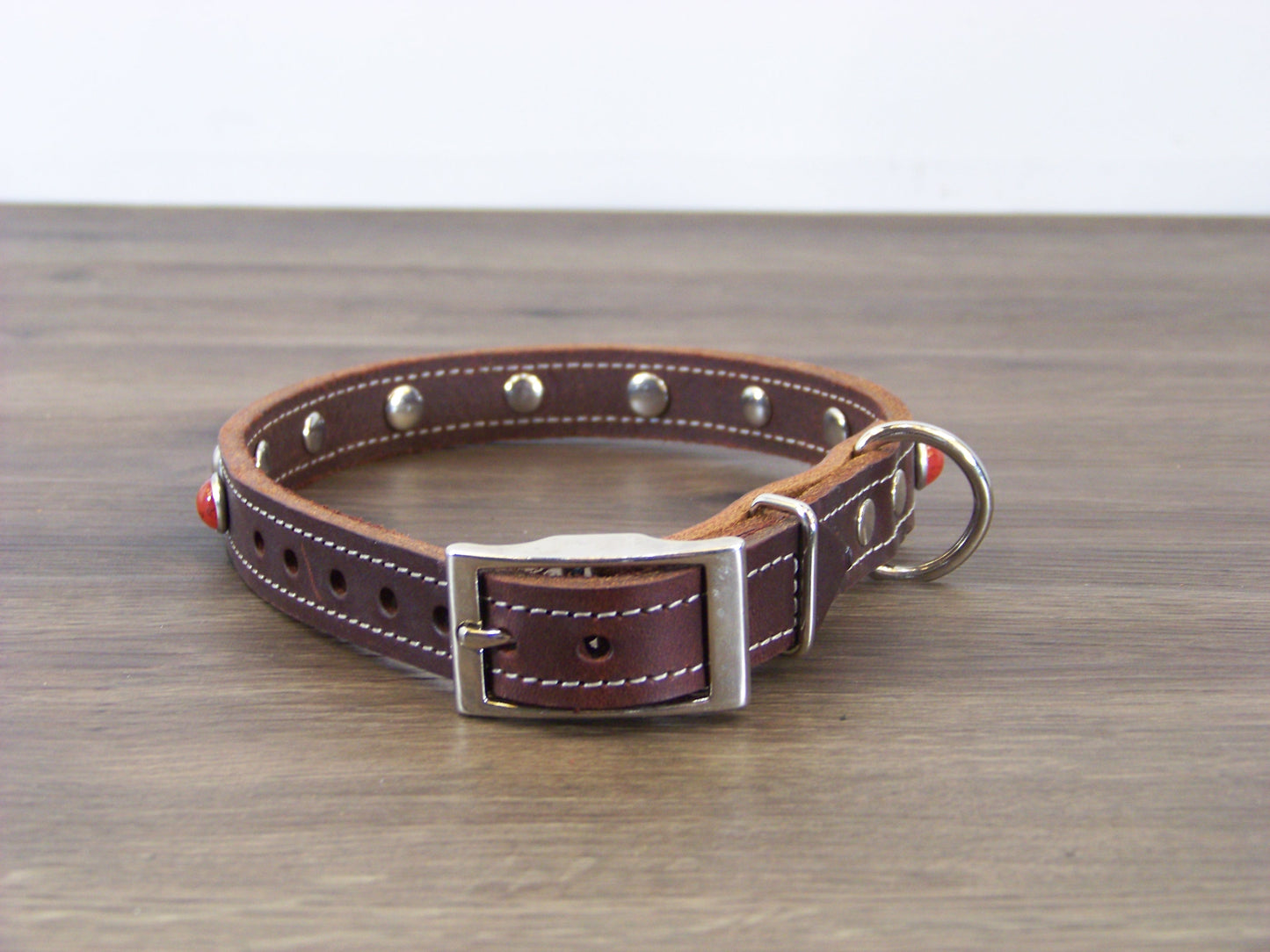 B) 3/4" Wide Leather Dog Collar - The Sante Fe II - Red Turquoise Conchos W/ Stainless Dome Rivets