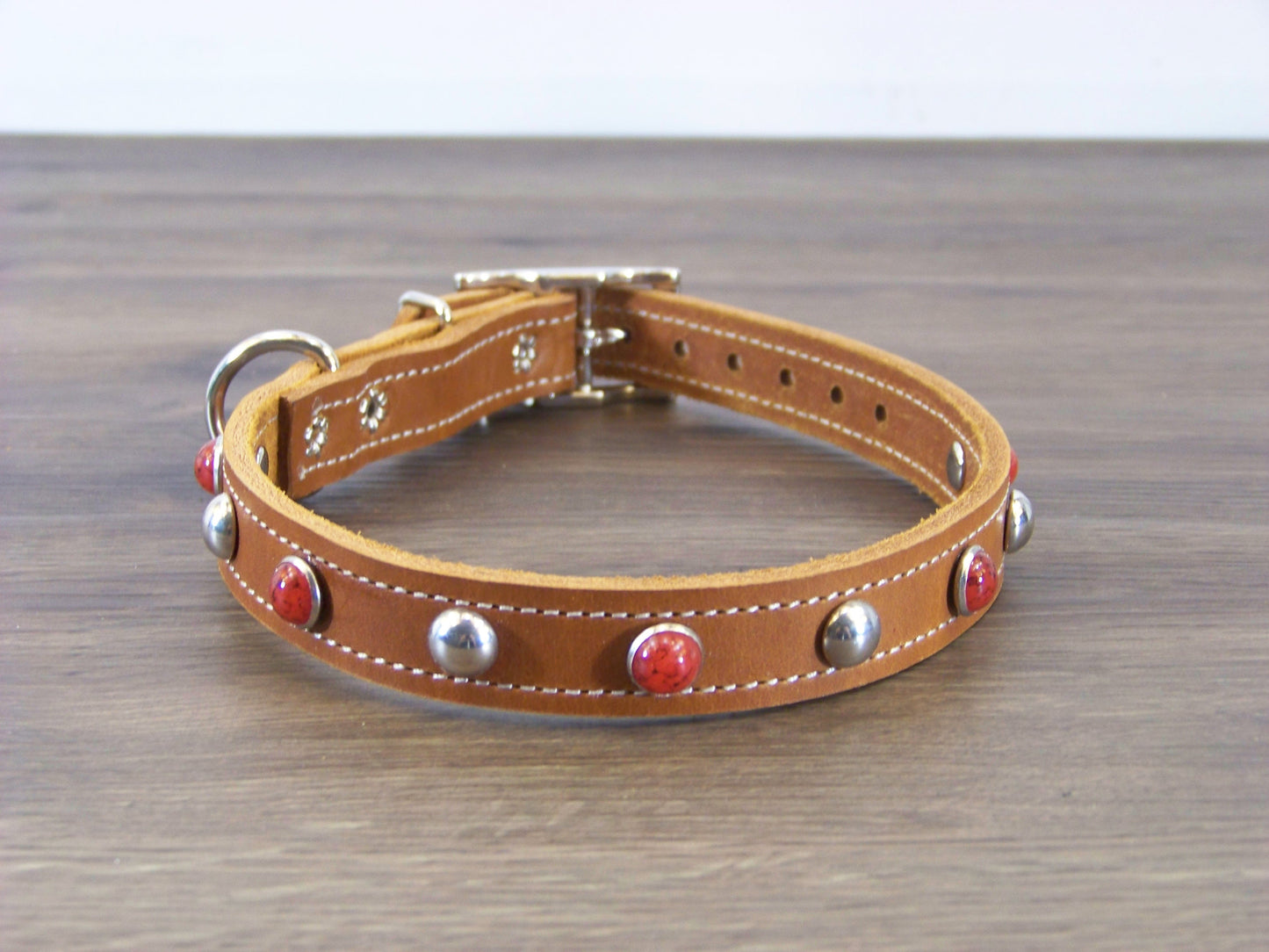 B) 3/4" Wide Leather Dog Collar - The Sante Fe II - Red Turquoise Conchos W/ Stainless Dome Rivets