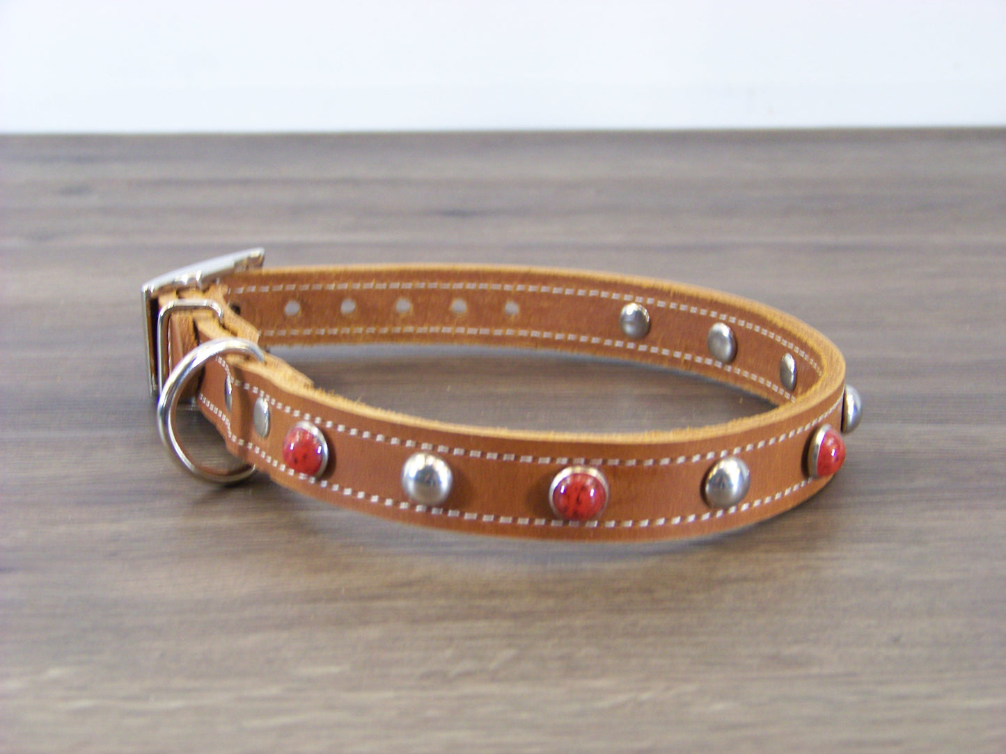 B) 3/4" Wide Leather Dog Collar - The Sante Fe II - Red Turquoise Conchos W/ Stainless Dome Rivets