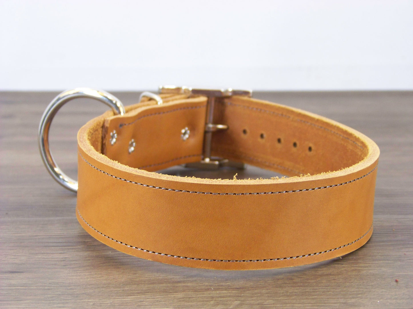 D) 1-1/2" Wide Leather Dog Collar - The Big Regie II - Premium Latigo Leather in Heavy Duty for Large Dogs