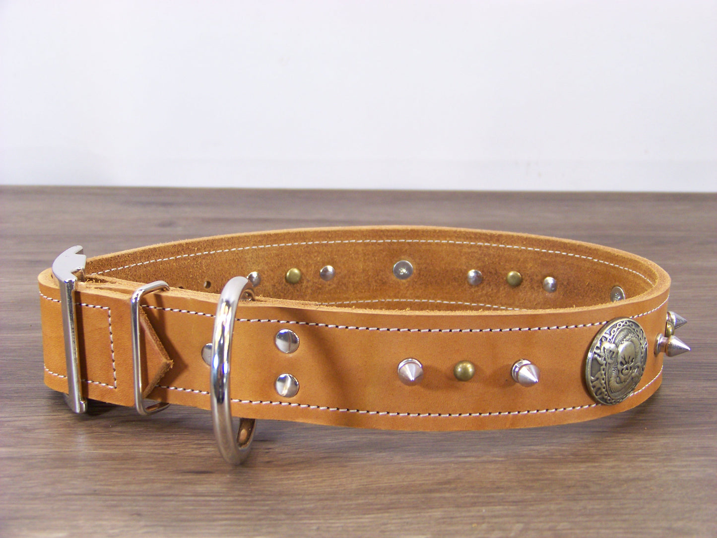 D) 1-1/2' Wide Leather Dog Collar - The Reaper - Skull Medalion W/ 1/2" Spike and Dome Rivets