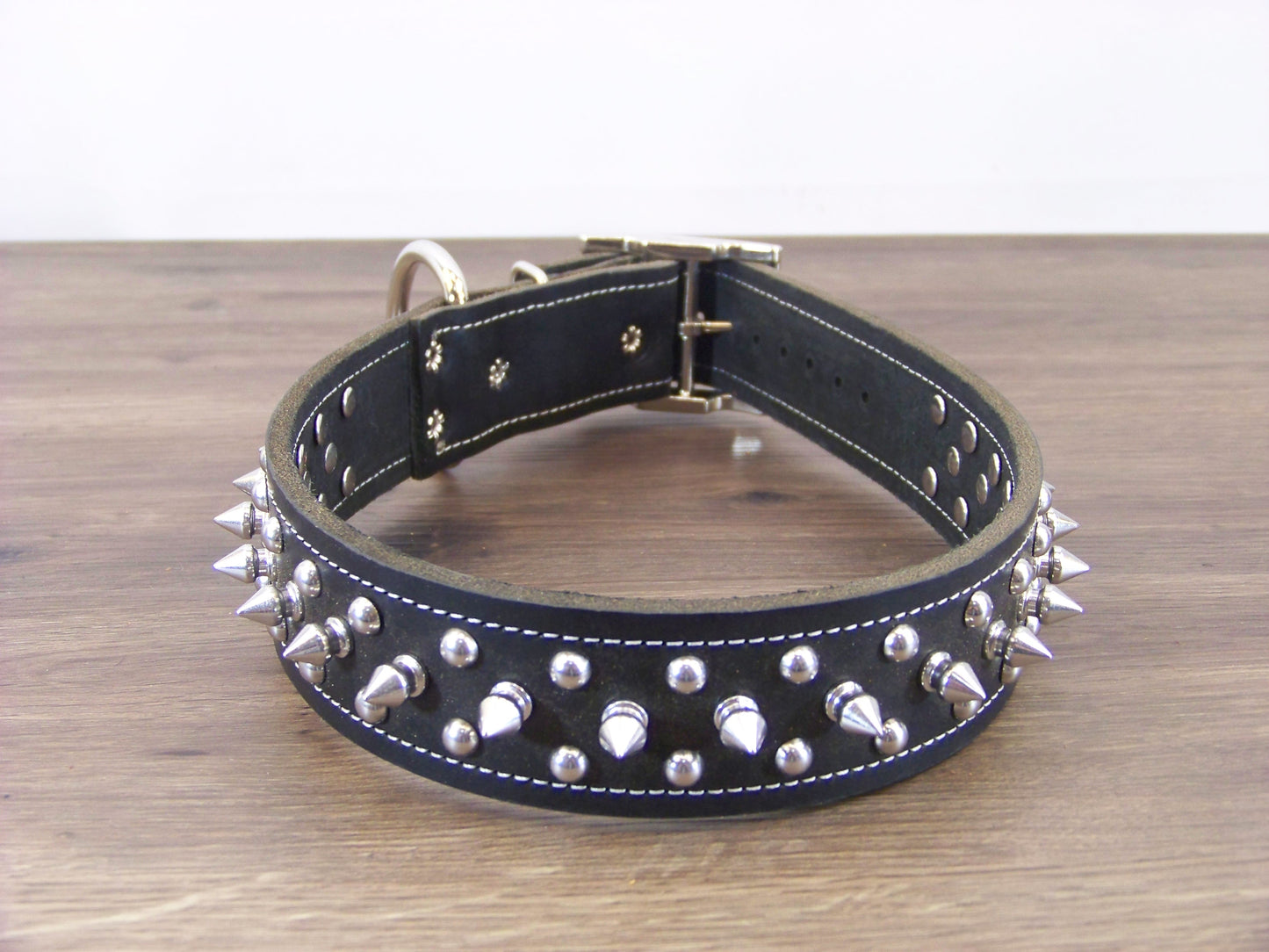 D) 1-1/2" Wide Leather Dog Collar- The Spyke-O-Sphere - Featuring Spikes with Dome Rivets