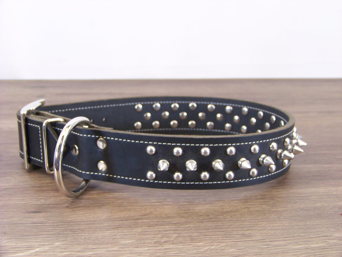 D) 1-1/2" Wide Leather Dog Collar- The Spyke-O-Sphere - Featuring Spikes with Dome Rivets