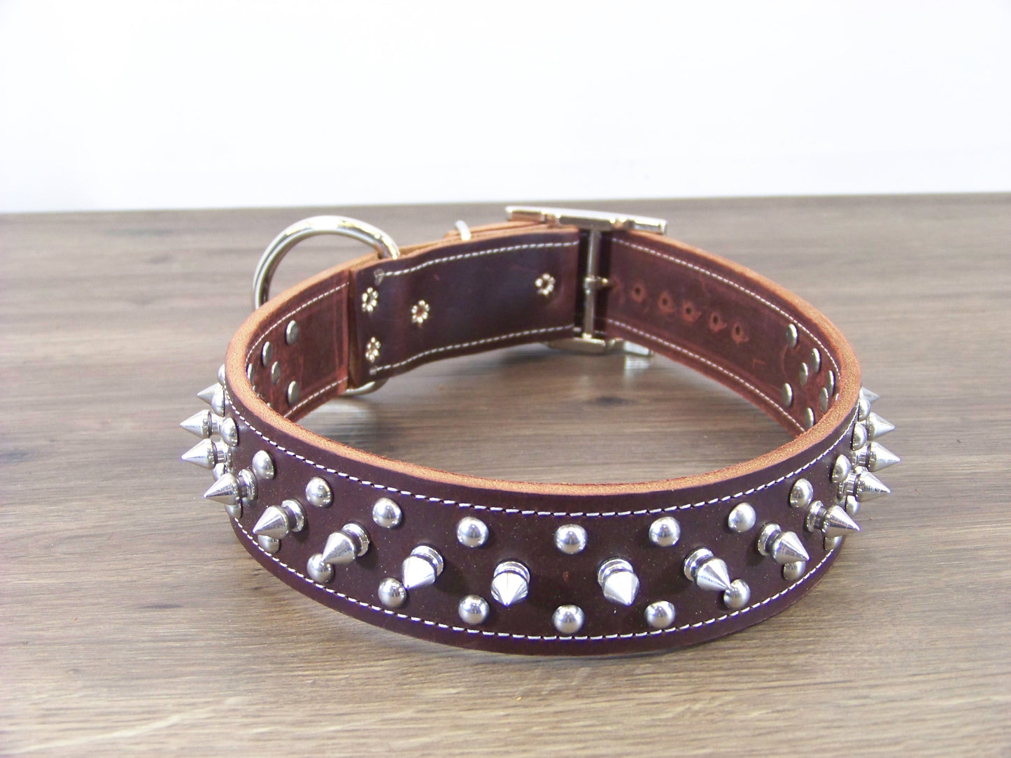 D) 1-1/2" Wide Leather Dog Collar- The Spyke-O-Sphere - Featuring Spikes with Dome Rivets