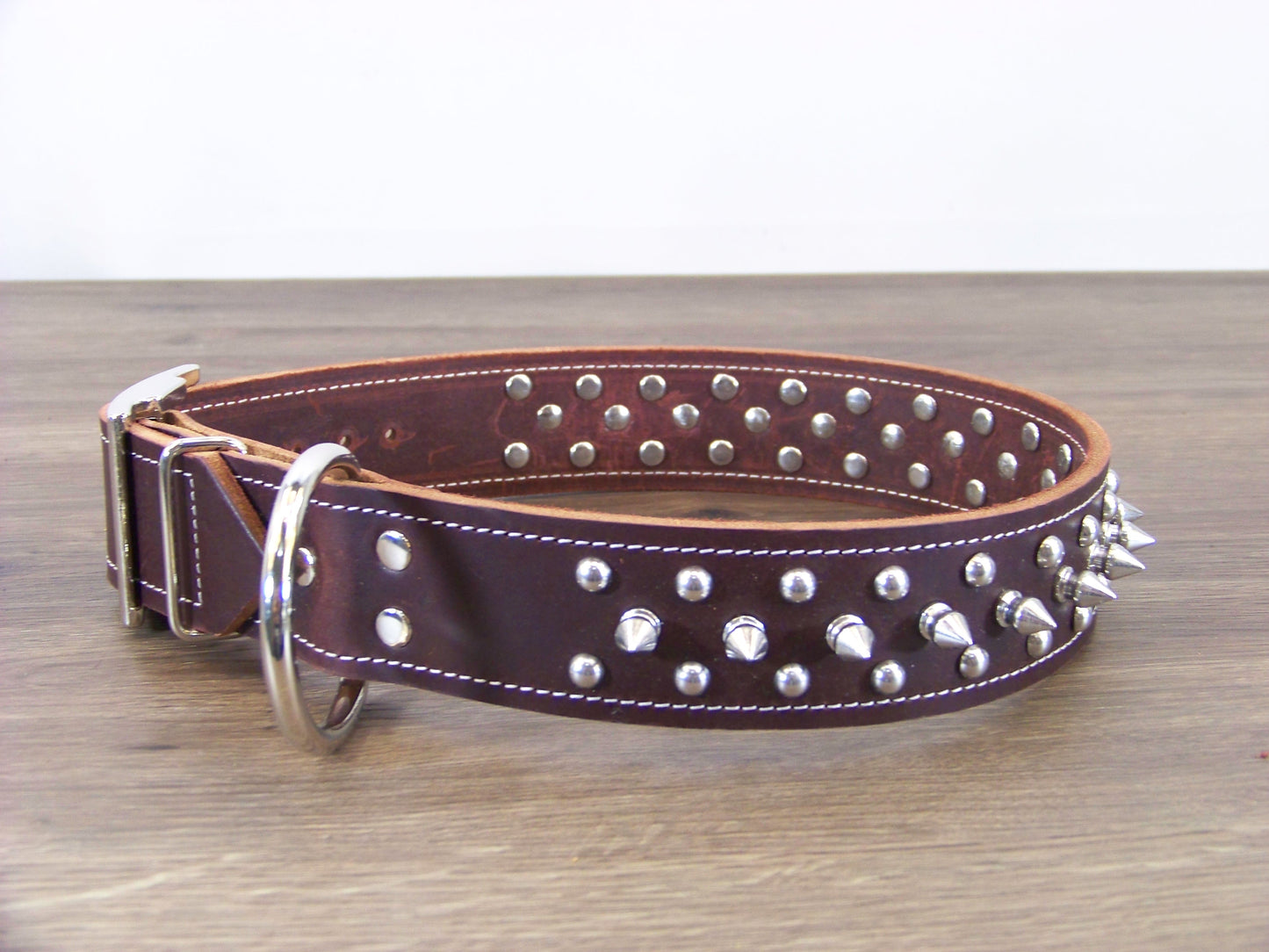 D) 1-1/2" Wide Leather Dog Collar- The Spyke-O-Sphere - Featuring Spikes with Dome Rivets