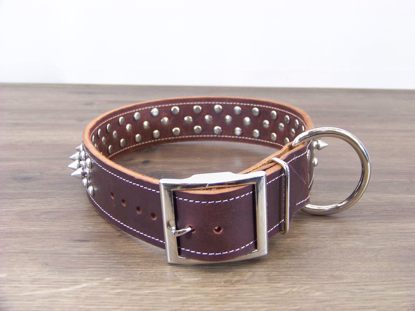 D) 1-1/2" Wide Leather Dog Collar- The Spyke-O-Sphere - Featuring Spikes with Dome Rivets