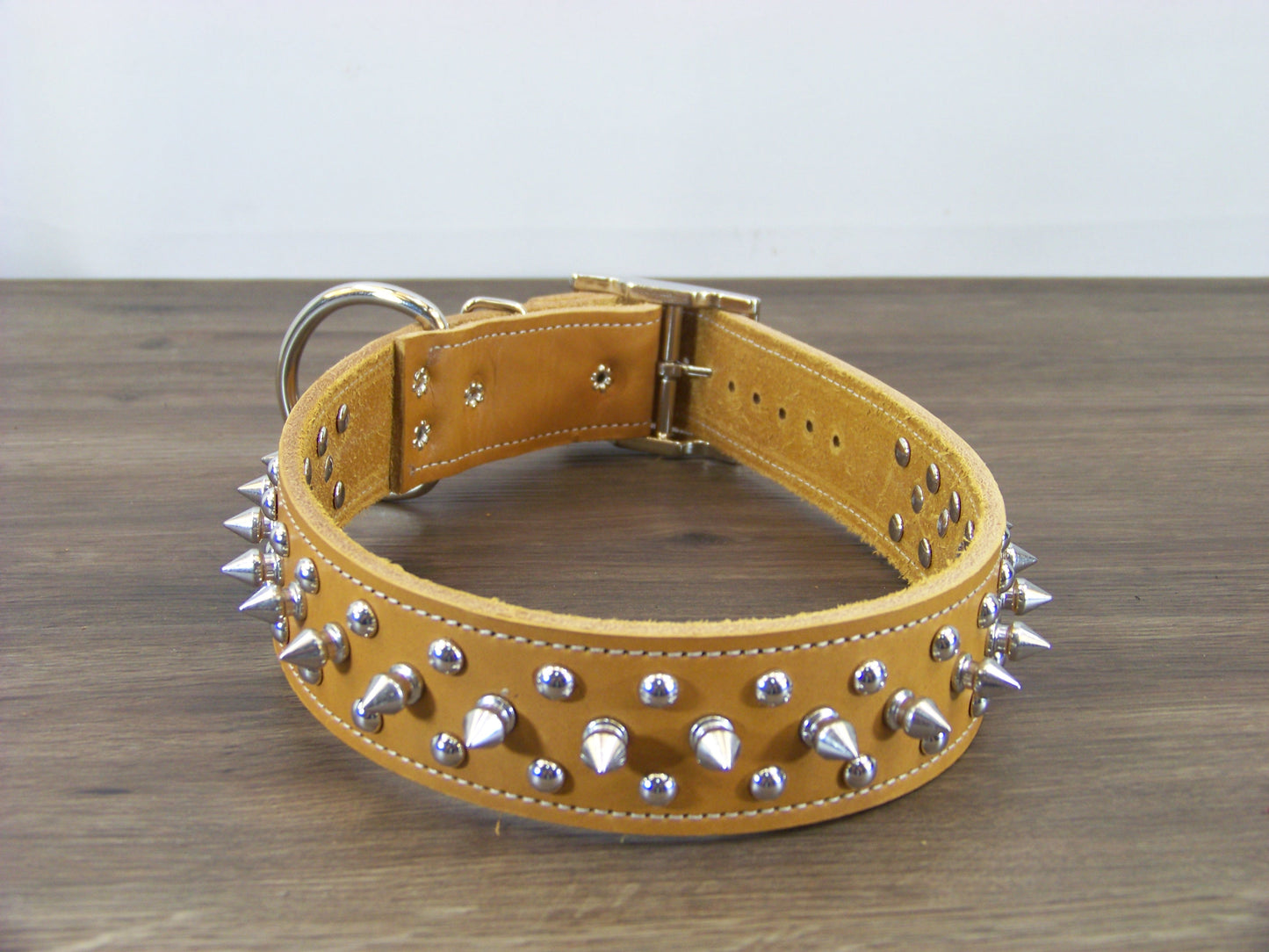 D) 1-1/2" Wide Leather Dog Collar- The Spyke-O-Sphere - Featuring Spikes with Dome Rivets