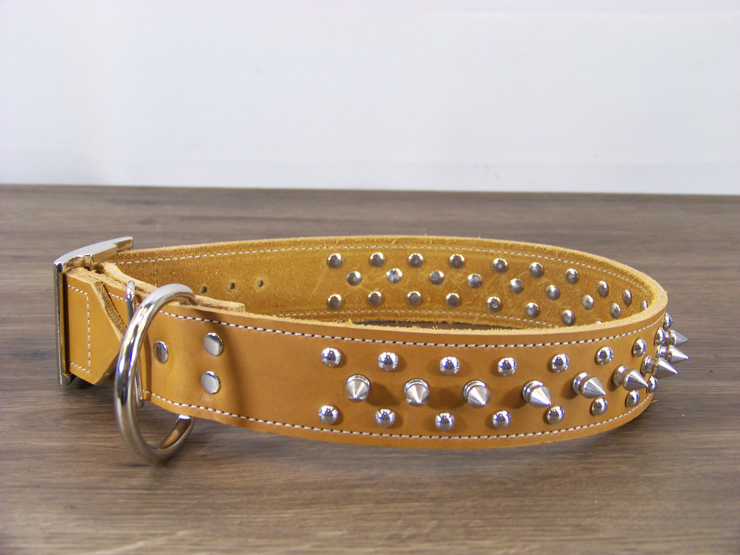 D) 1-1/2" Wide Leather Dog Collar- The Spyke-O-Sphere - Featuring Spikes with Dome Rivets