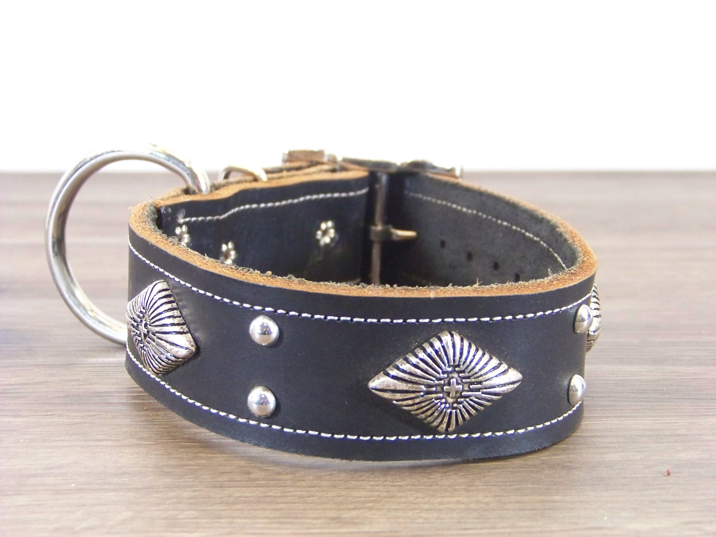D) 1-1/2' Wide Leather Dog Collar - ON SALE - The Aztec - An Aztec Medalion and Dome Rivets