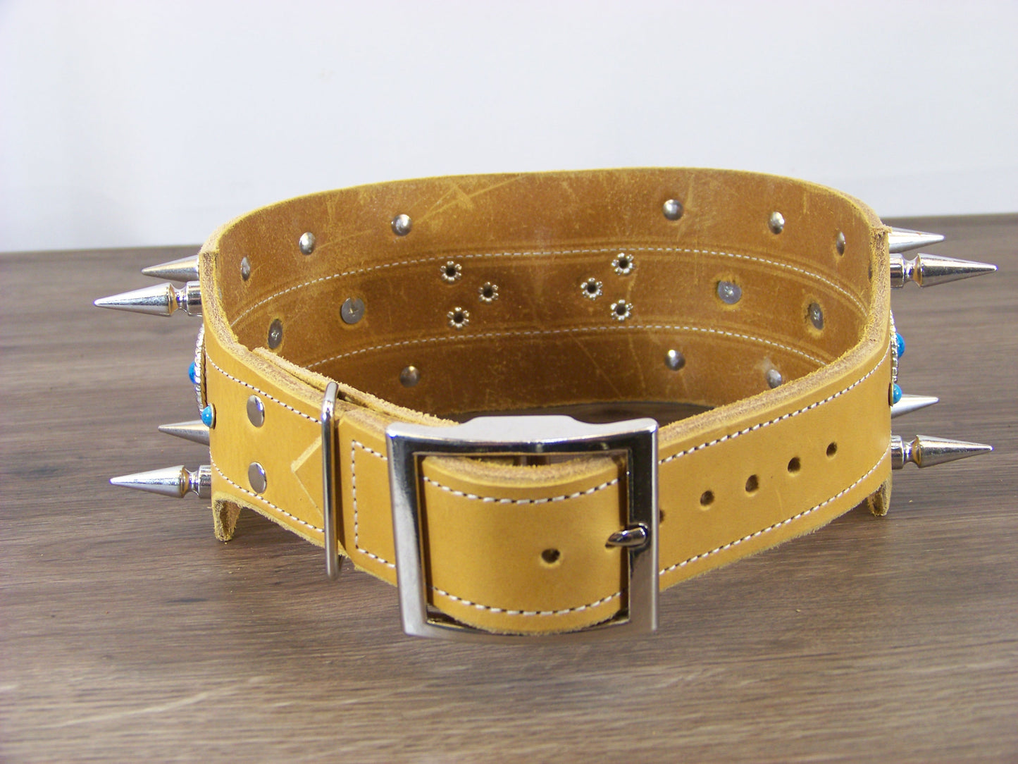 F) 3" Wide Leather Dog Collar - The Rangler - Double Row of 1-1/4" Spikes with Turquoise Star Conchos