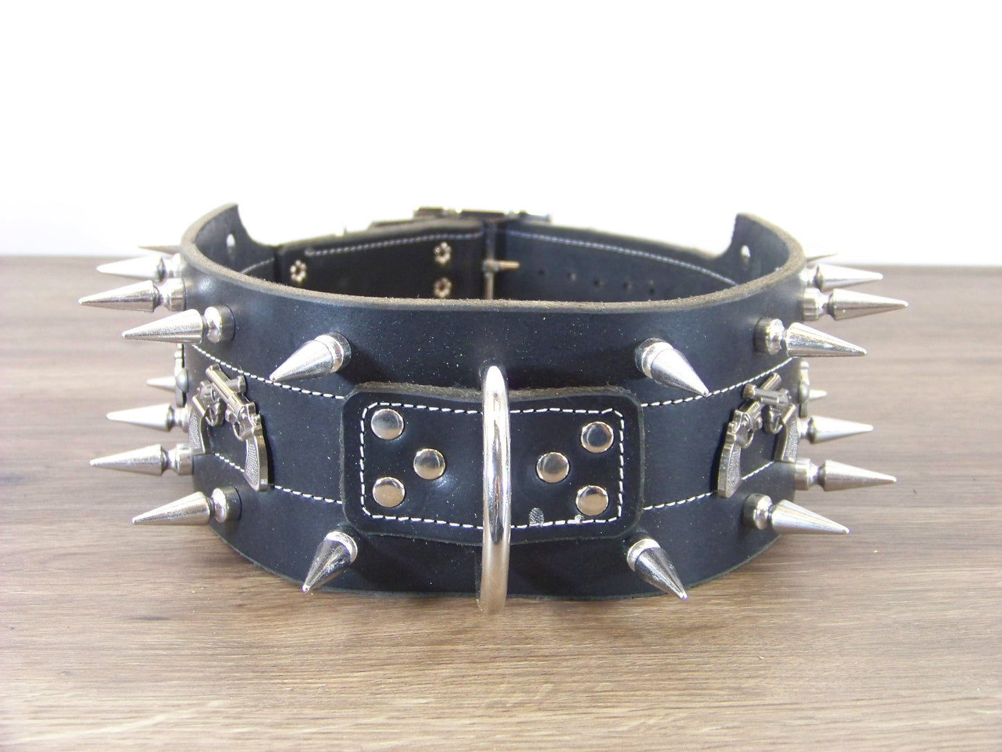 F) 3" Wide Leather Dog Collar- The Outlaw- 1-1/4" Double Row Spikes with Six Gun Concho