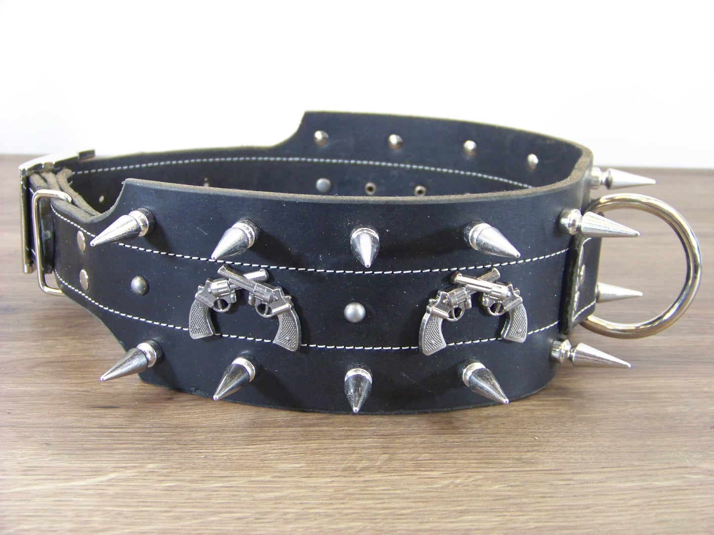 F) 3" Wide Leather Dog Collar- The Outlaw- 1-1/4" Double Row Spikes with Six Gun Concho