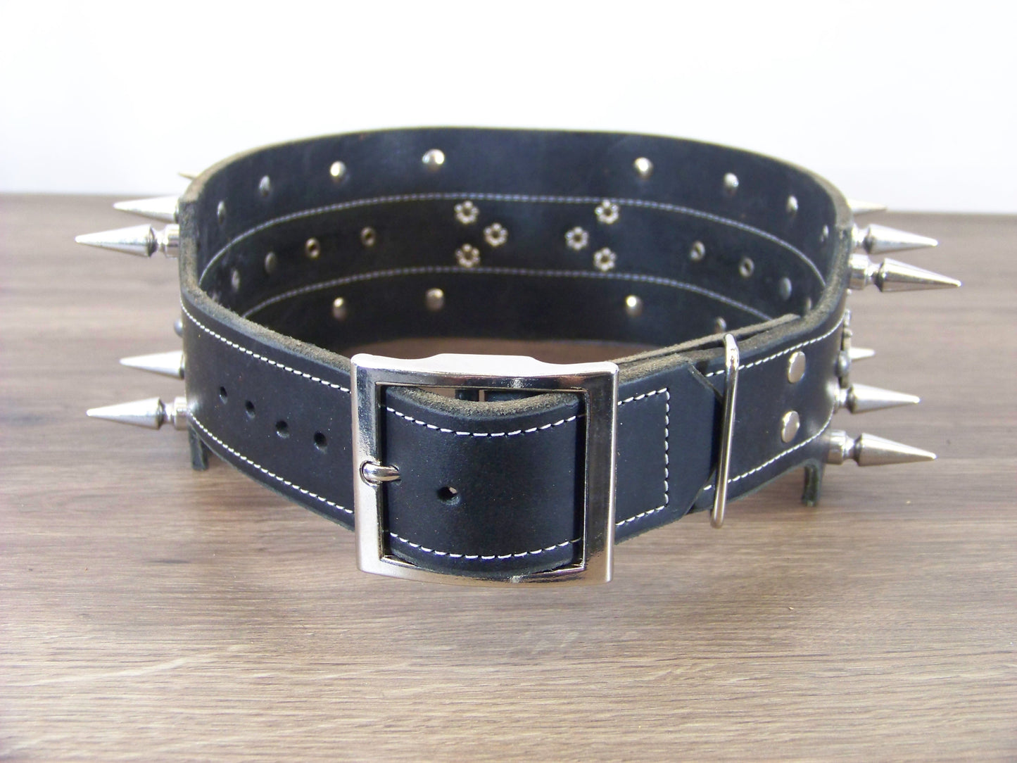 F) 3" Wide Leather Dog Collar- The Outlaw- 1-1/4" Double Row Spikes with Six Gun Concho