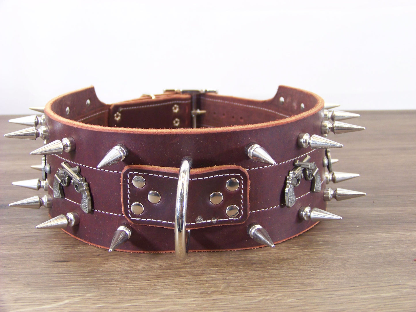 F) 3" Wide Leather Dog Collar- The Outlaw- 1-1/4" Double Row Spikes with Six Gun Concho
