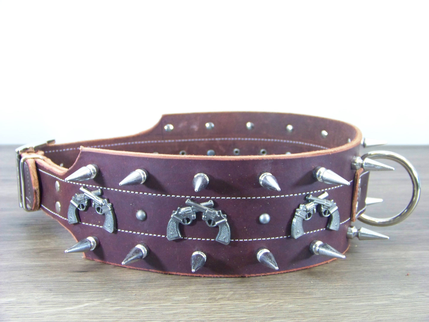 F) 3" Wide Leather Dog Collar- The Outlaw- 1-1/4" Double Row Spikes with Six Gun Concho