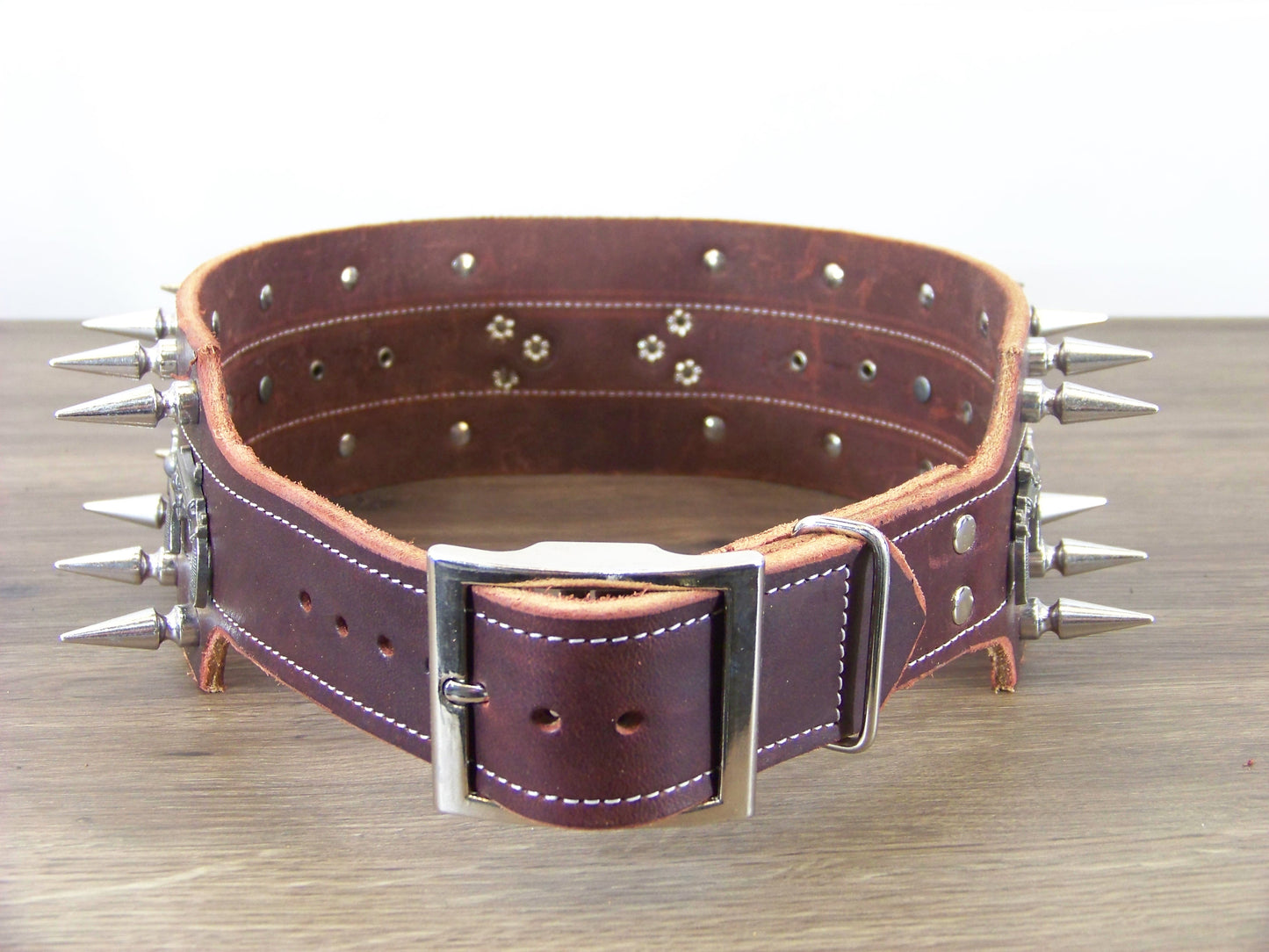 F) 3" Wide Leather Dog Collar- The Outlaw- 1-1/4" Double Row Spikes with Six Gun Concho