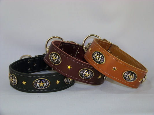 The Lucky Star   2" Wide Western Horseshoe Gold and Stainless Concho Leather Dog Collar - Big Dawg Collection