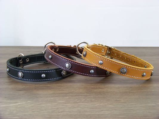 B) Durable Latigo Leather Dog Collar- 3/4" Wide- Rope Conchos and Dome Accents