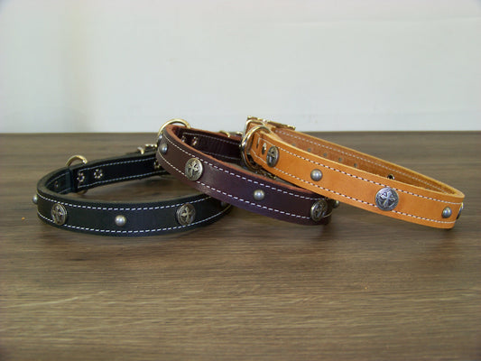 B) Durable Latigo Leather Dog Collar- 3/4" Wide- Celtic Cross Concho Accents