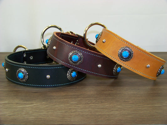 D) Durable Latigo Leather Dog Collar- 1-1/2" Wide- Blue Turquoise Conchos with Dome Rivets