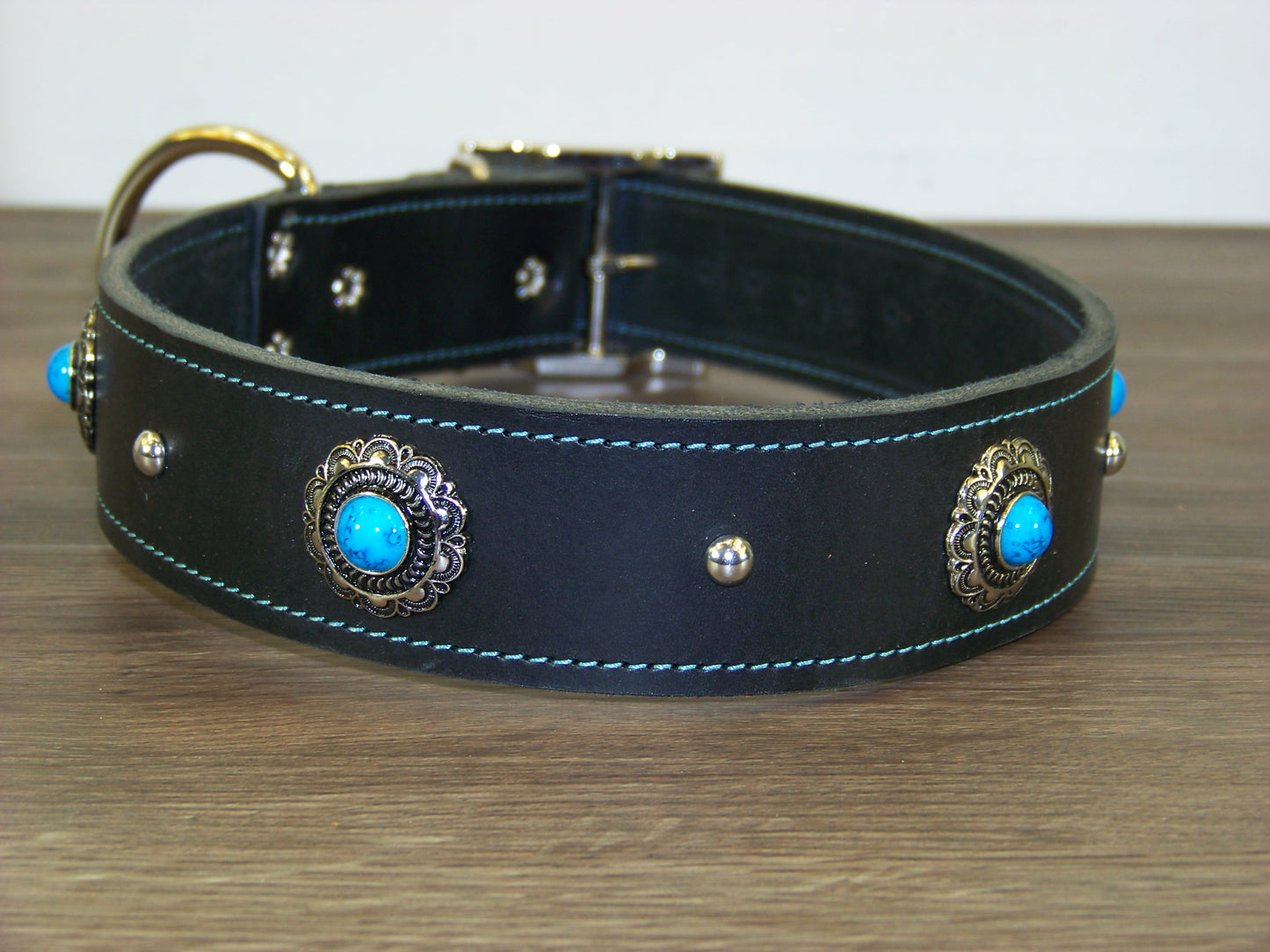 D) Durable Latigo Leather Dog Collar- 1-1/2" Wide- Blue Turquoise Conchos with Dome Rivets