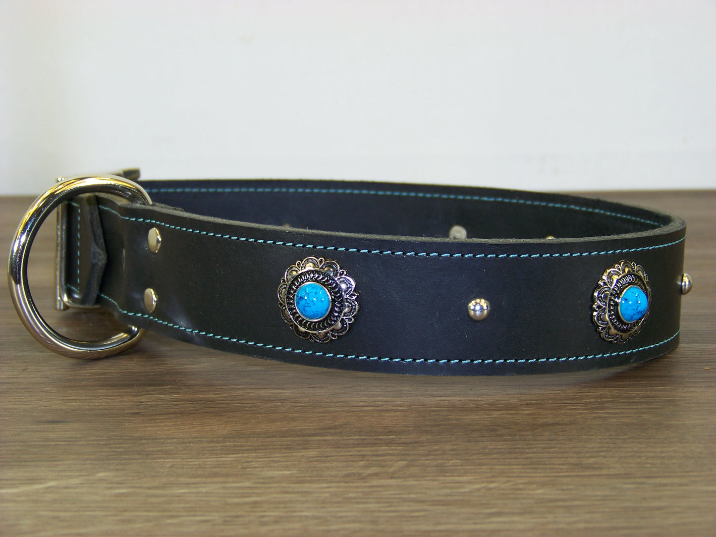 D) Durable Latigo Leather Dog Collar- 1-1/2" Wide- Blue Turquoise Conchos with Dome Rivets