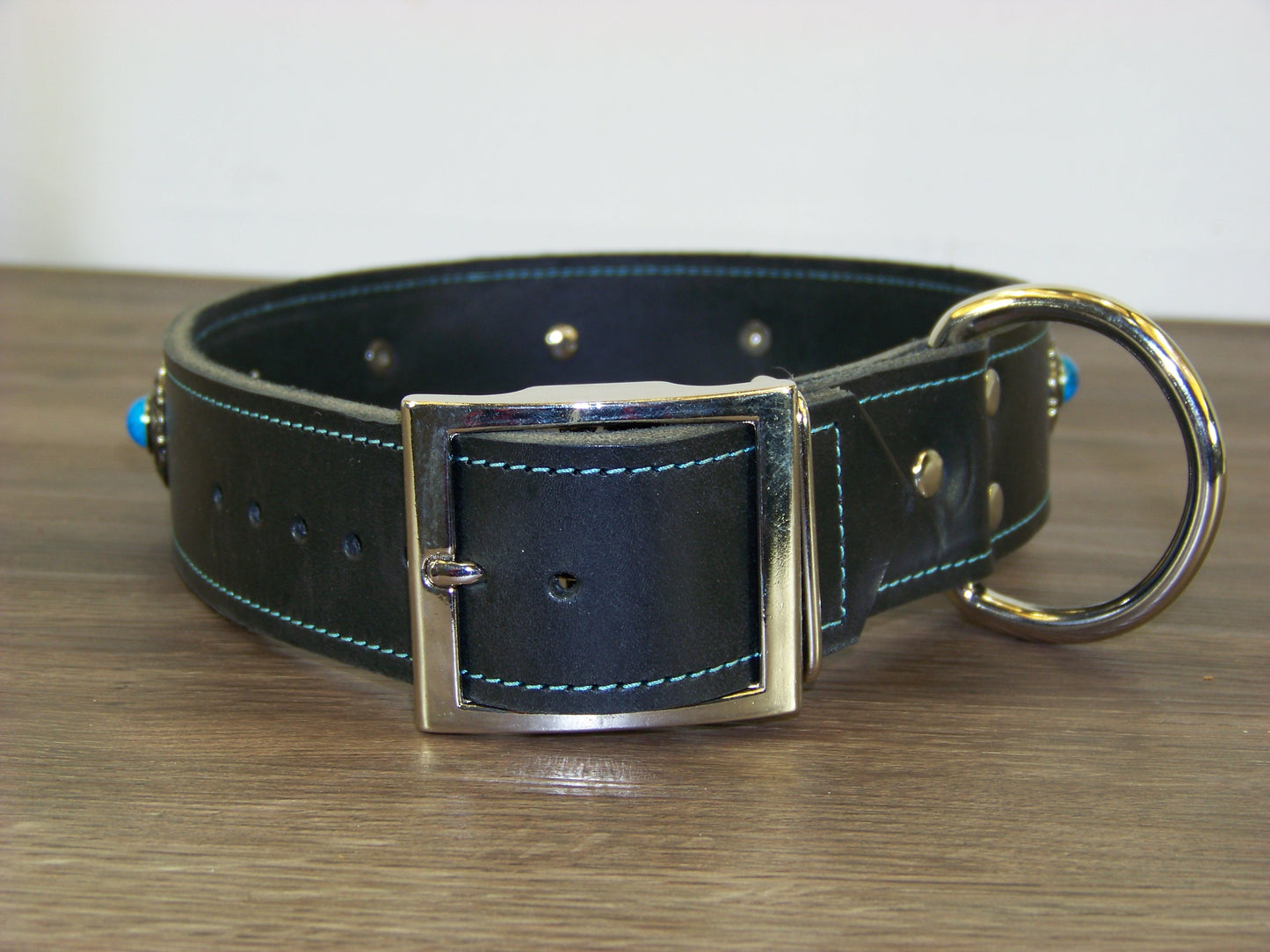 D) Durable Latigo Leather Dog Collar- 1-1/2" Wide- Blue Turquoise Conchos with Dome Rivets