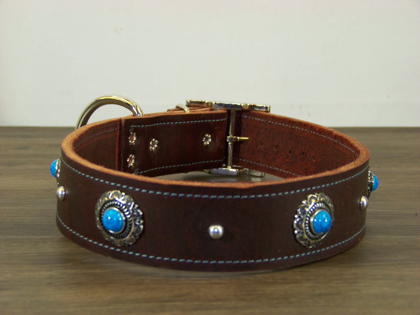 D) Durable Latigo Leather Dog Collar- 1-1/2" Wide- Blue Turquoise Conchos with Dome Rivets
