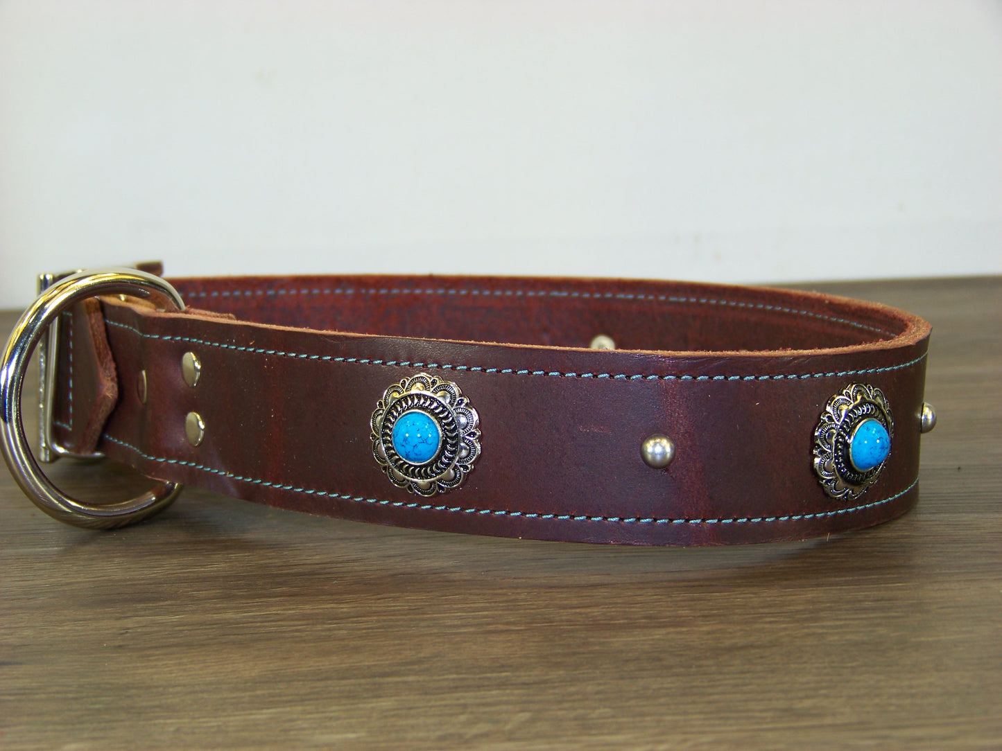 D) Durable Latigo Leather Dog Collar- 1-1/2" Wide- Blue Turquoise Conchos with Dome Rivets
