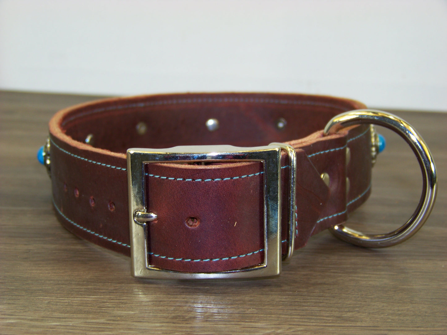 D) Durable Latigo Leather Dog Collar- 1-1/2" Wide- Blue Turquoise Conchos with Dome Rivets