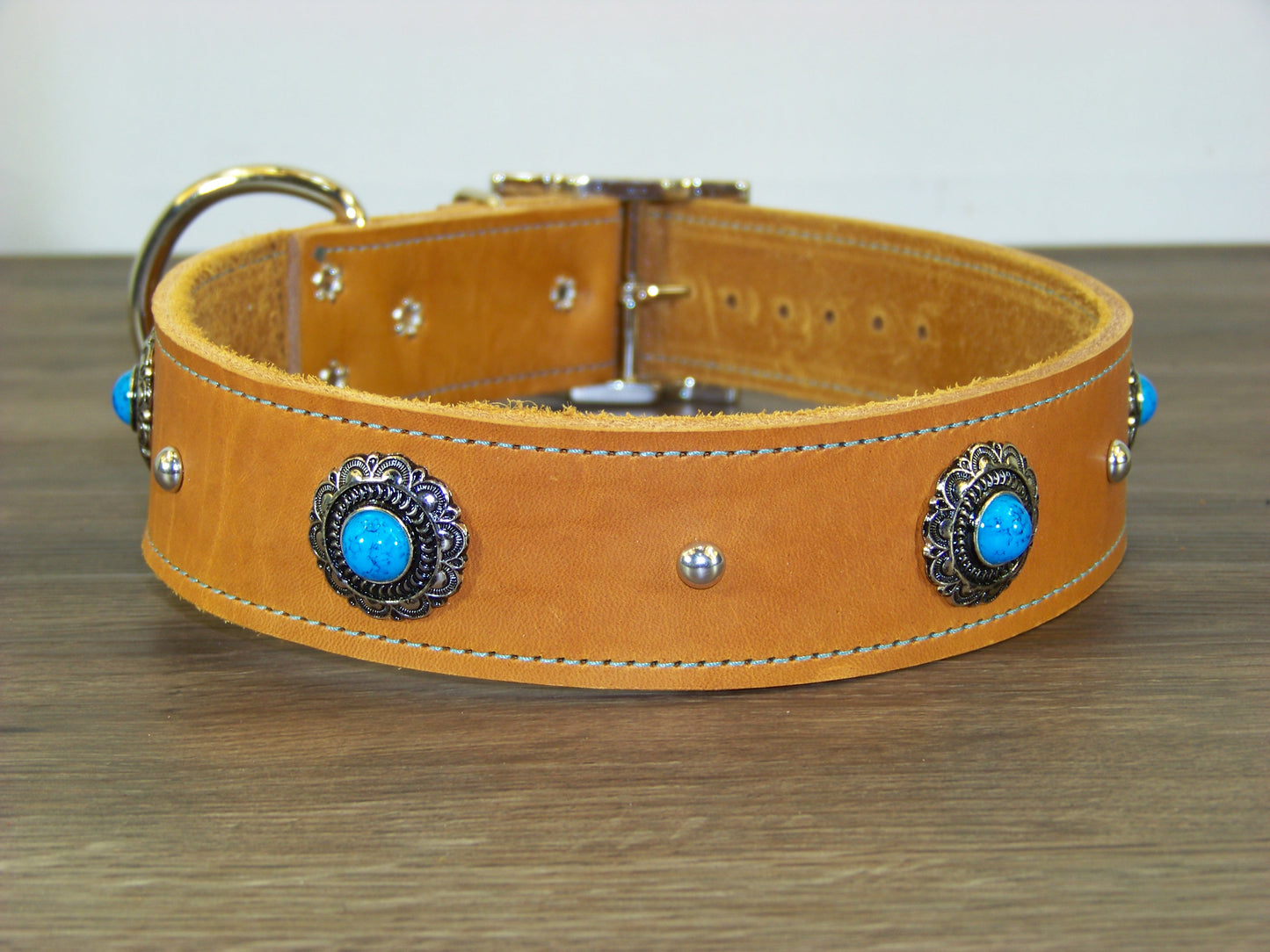 D) Durable Latigo Leather Dog Collar- 1-1/2" Wide- Blue Turquoise Conchos with Dome Rivets