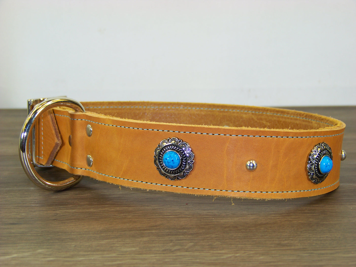 D) Durable Latigo Leather Dog Collar- 1-1/2" Wide- Blue Turquoise Conchos with Dome Rivets